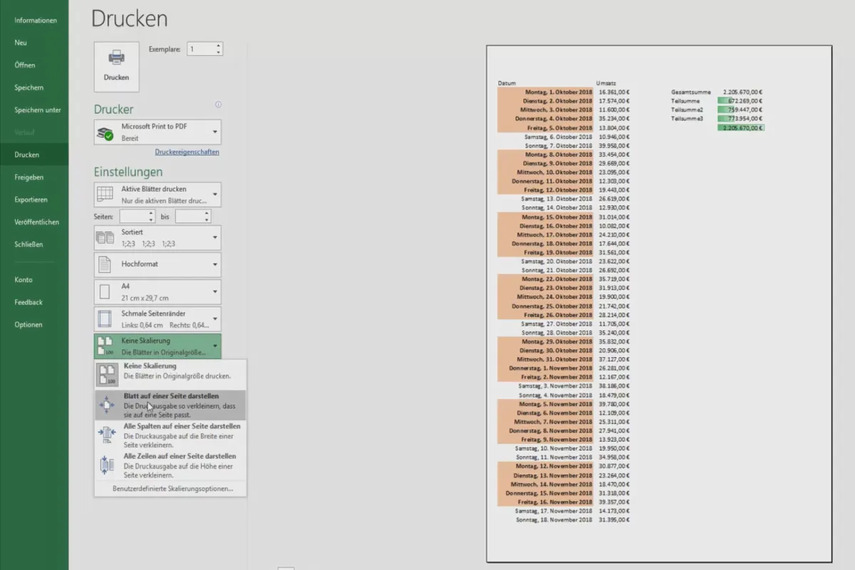 Excel-Tutorial: Pivot, Diagramme und Tabellen-Design zur anschaulichen Daten-Präsentation – 3.8 Mehrere Arbeitsblätter auf einer Seite drucken