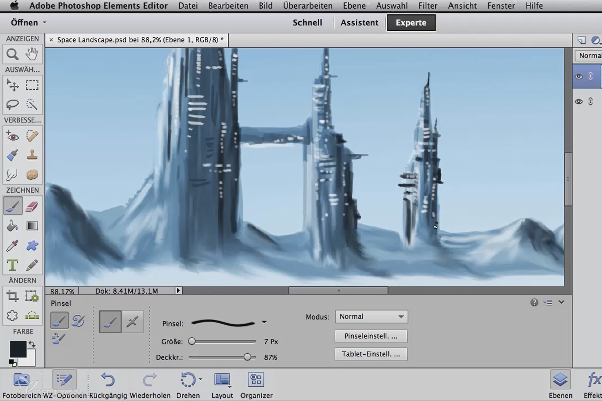 Digitaalinen kuvankäsittely ilmakynätaitelijoille: Digimaalaus Space Landscape - Silhouette -projektin avulla: Yksityiskohdat ja muotoilu käsiteltävä.