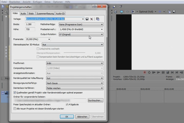 VEGAS Pro: Projektegenskaberne