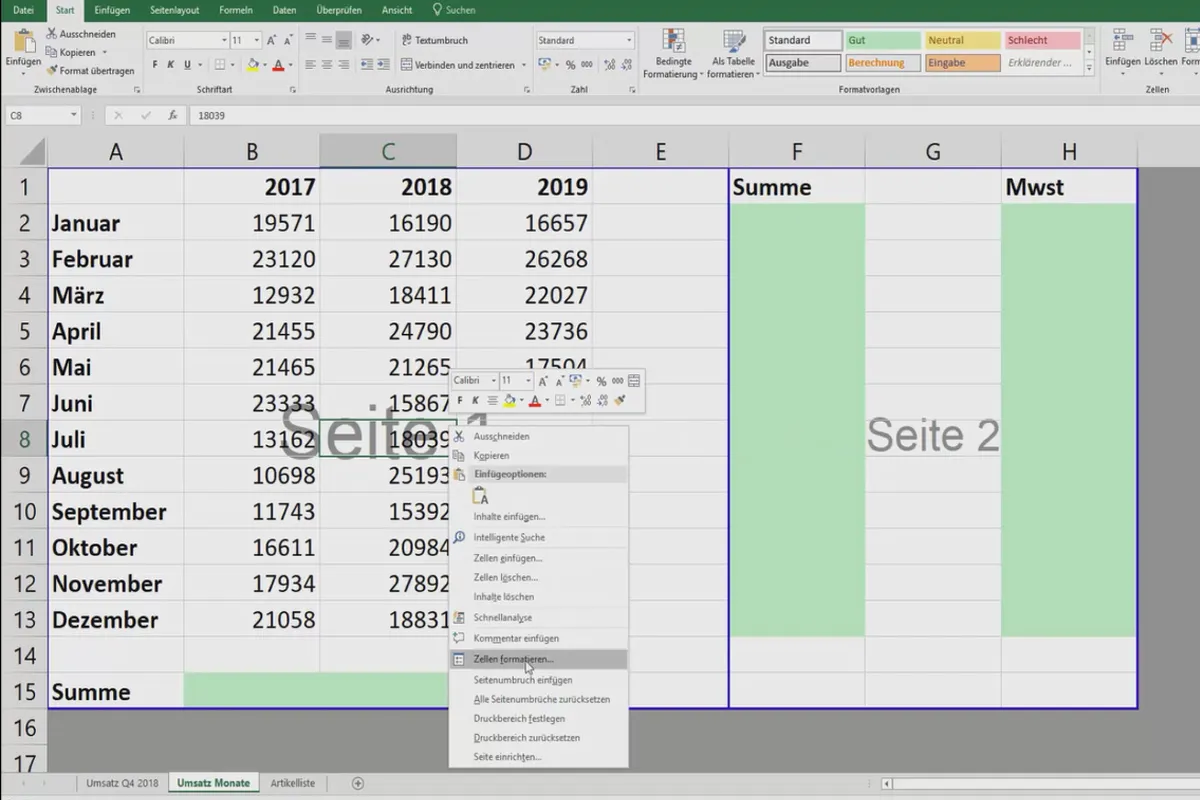 Excel-Tutorial: Pivot, Diagramme und Tabellen-Design zur anschaulichen Daten-Präsentation – 3.9 Manuellen Seitenumbruch beim Drucken