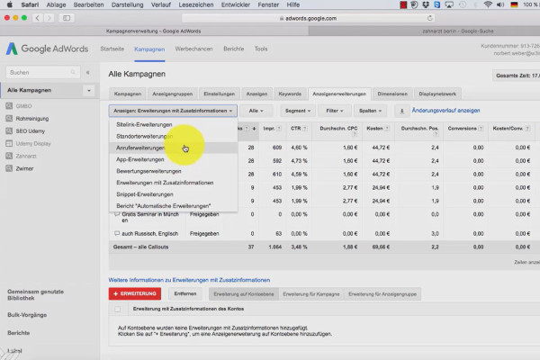 Google AdWords – mindre kostnader, fler kunder – 6.3 Annonsutvidgning: Översikt i AdWords-kontot