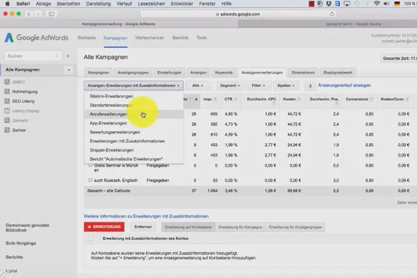 Google AdWords – weniger Kosten, mehr Kunden – 6.3 Anzeigenerweiterung: Überblick im AdWords-Konto