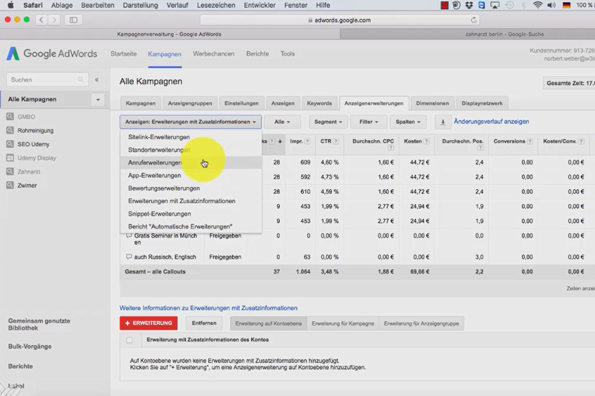 Google AdWords - less costs, more customers - 6.3 Ad extension: Overview in the AdWords account