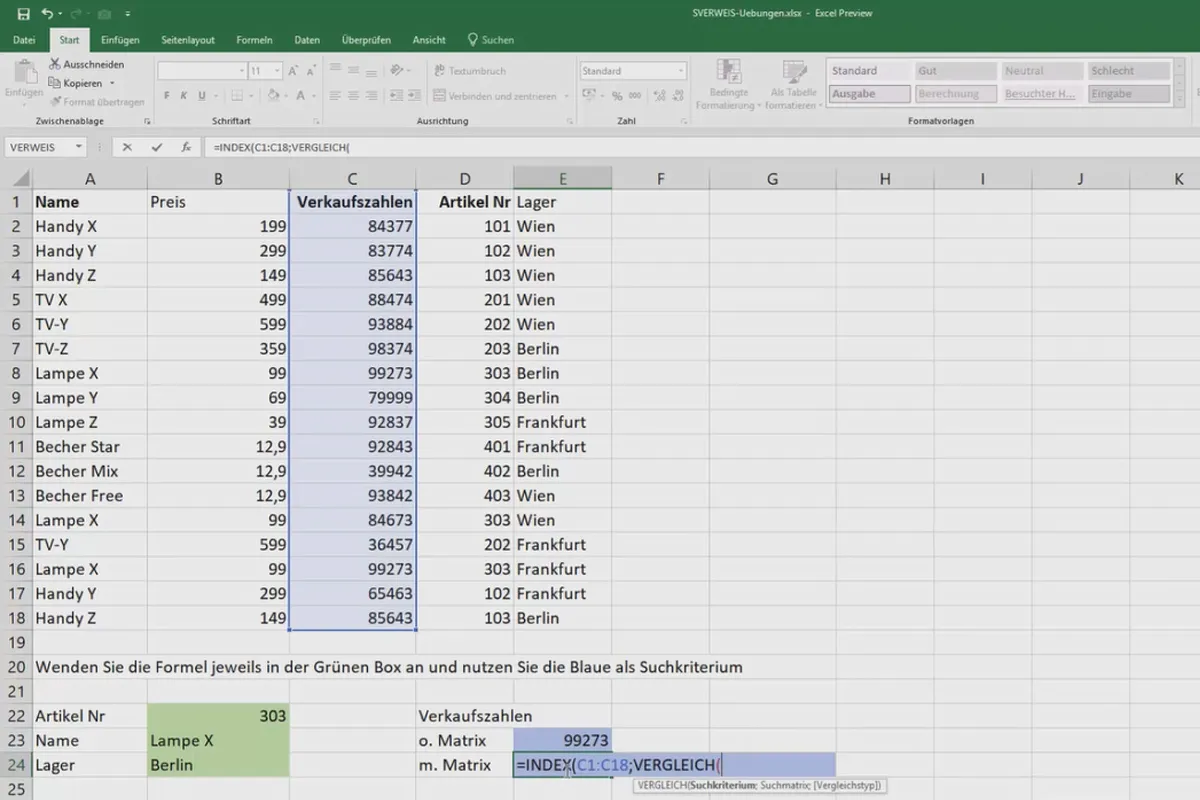 Cours Excel pour le contrôle et la vente : Liste des assortiments, unités, devise & Co - 4.3 RECHERCHEV sur plusieurs colonnes