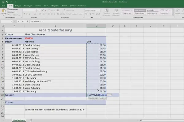 Excel-træning for mere effektivitet på kontoret: Kalender, organigram & Co - korrekt at tilføje 4.1 timer til tidsregistrering