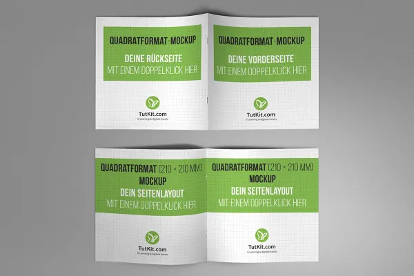 Mockup para folheto em formato quadrado: frente, verso e duas páginas internas