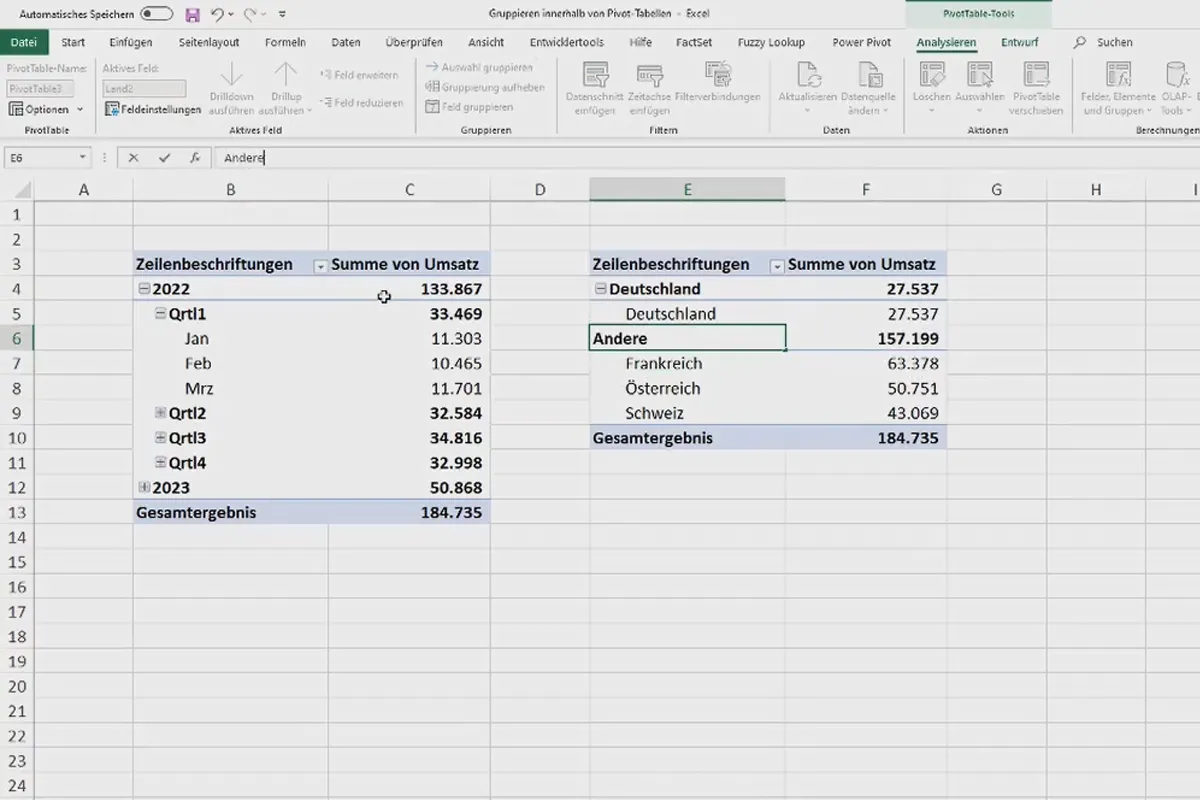 Pivot-Tabellen in Excel: 4.3 | Gruppieren innerhalb von Pivot-Tabellen