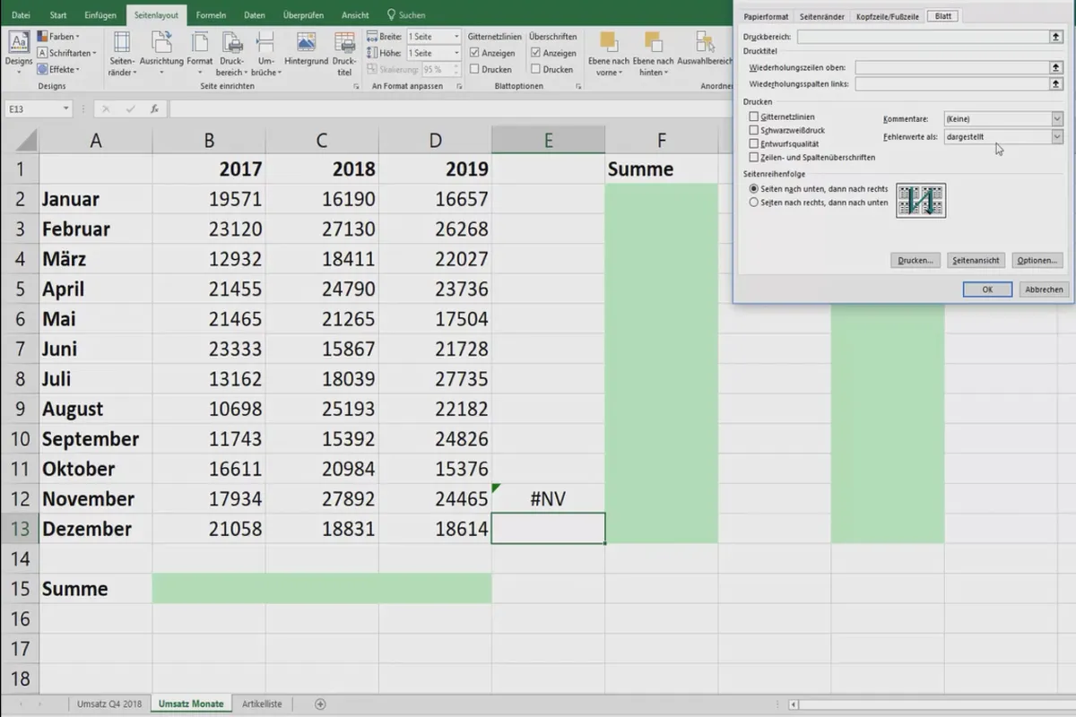 Excel-Tutorial: Pivot, Diagramme und Tabellen-Design zur anschaulichen Daten-Präsentation – 3.11 Fehlermeldungen beim Drucken ausblenden
