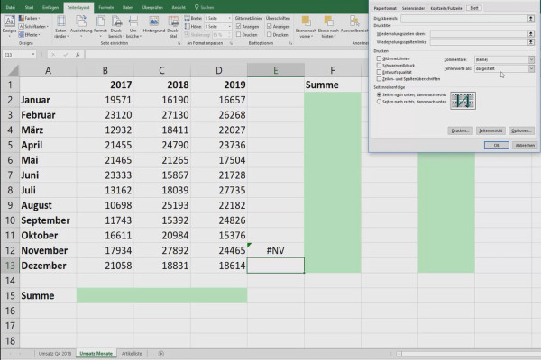 Excel tutorial: Pivot, charts and table design for clear data presentation - 3.11 Hide error messages when printing