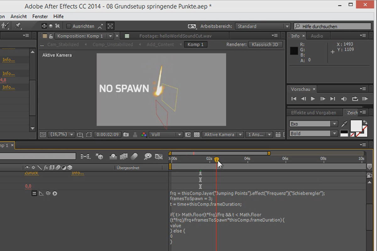 3D-projekt i After Effects: Jumping Points - Sinus och Hit-Particles.