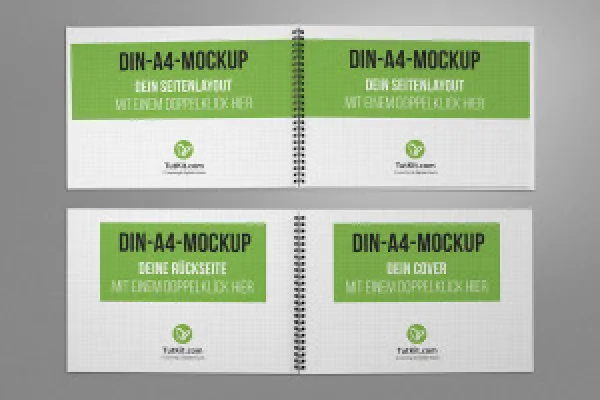 Mockup untuk brosur hardcover dalam format landscape dengan spiral binding: 2 halaman dalamannya