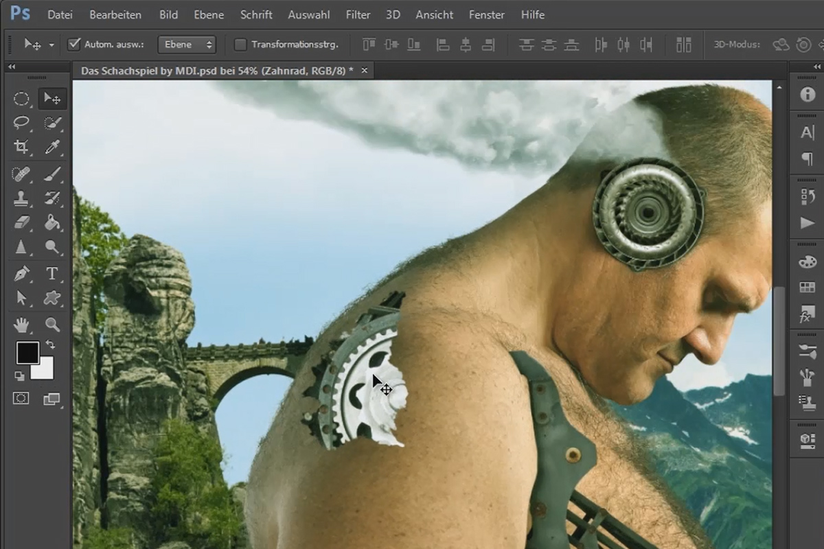 Photoshop-kompositio - Shakkipeli - Osa 14: Olkapäähammaspyörän sijoittaminen ja realistinen integroiminen