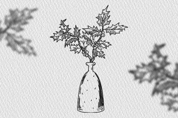Motivo navideño en blanco y negro: ramitas en un jarrón