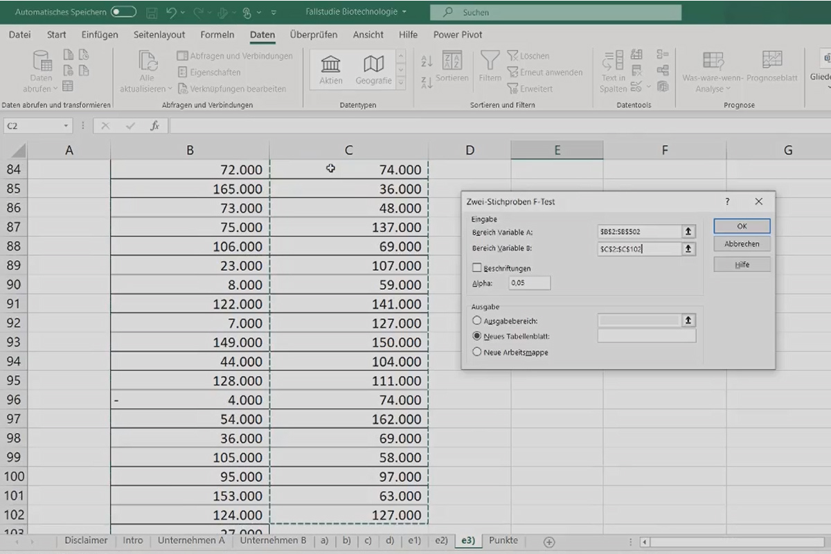 Statistics with Excel: 4.8 Two-sample F-test in Excel