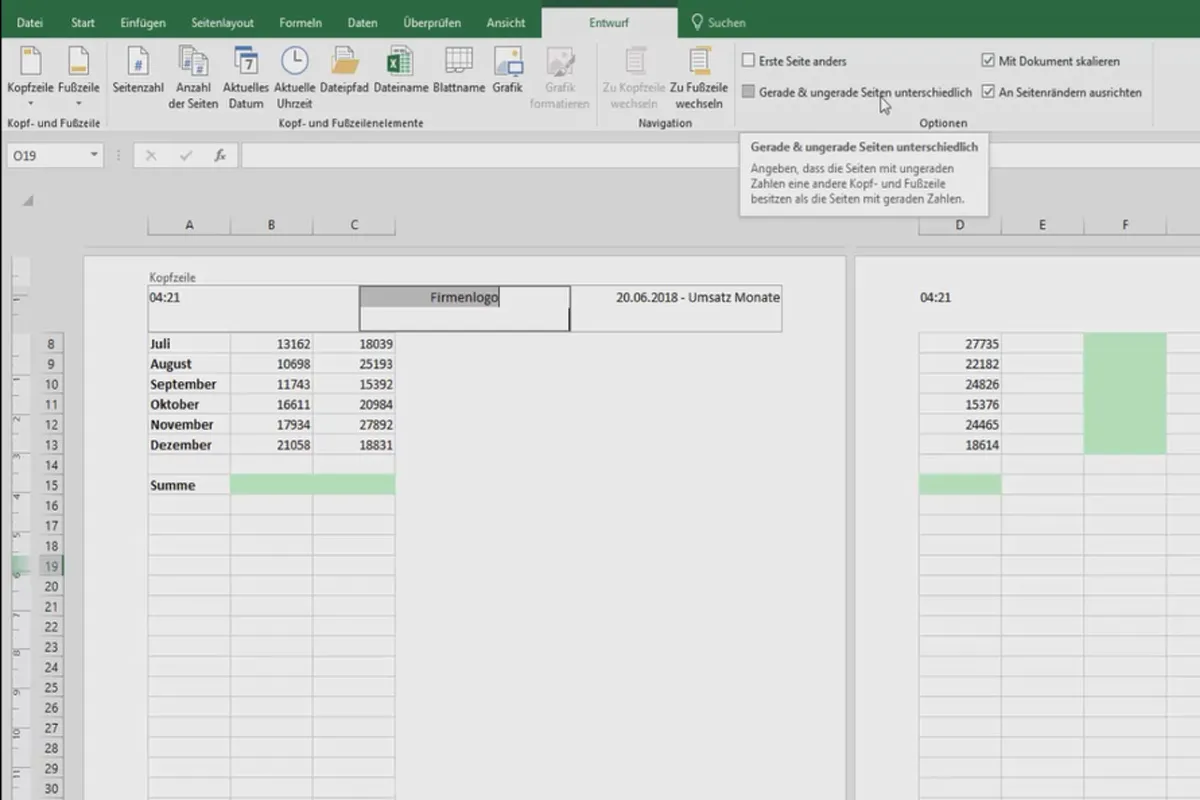 Excel-Tutorial: Pivot, Diagramme und Tabellen-Design zur anschaulichen Daten-Präsentation – 3.12 Formatcodes in Kopf- und Fußzeilen