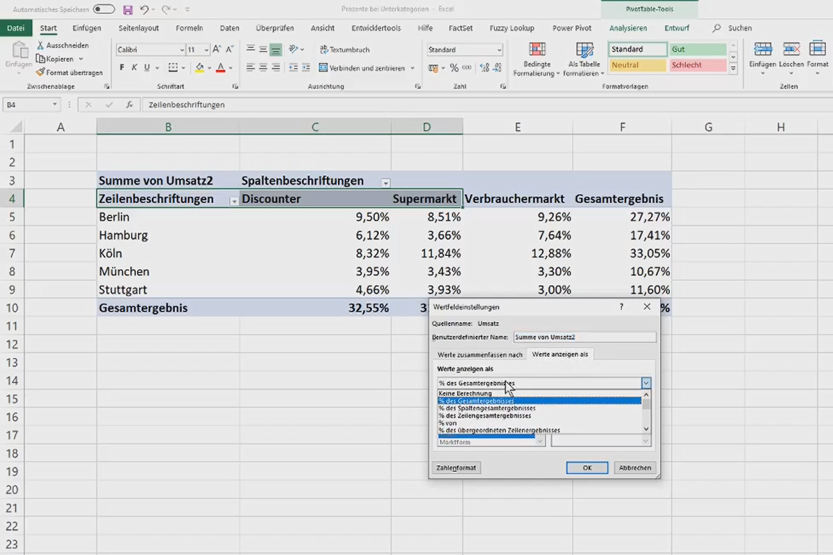 Pivot-taulukot Excelissä: 4.5 | prosentit alakategorioissa