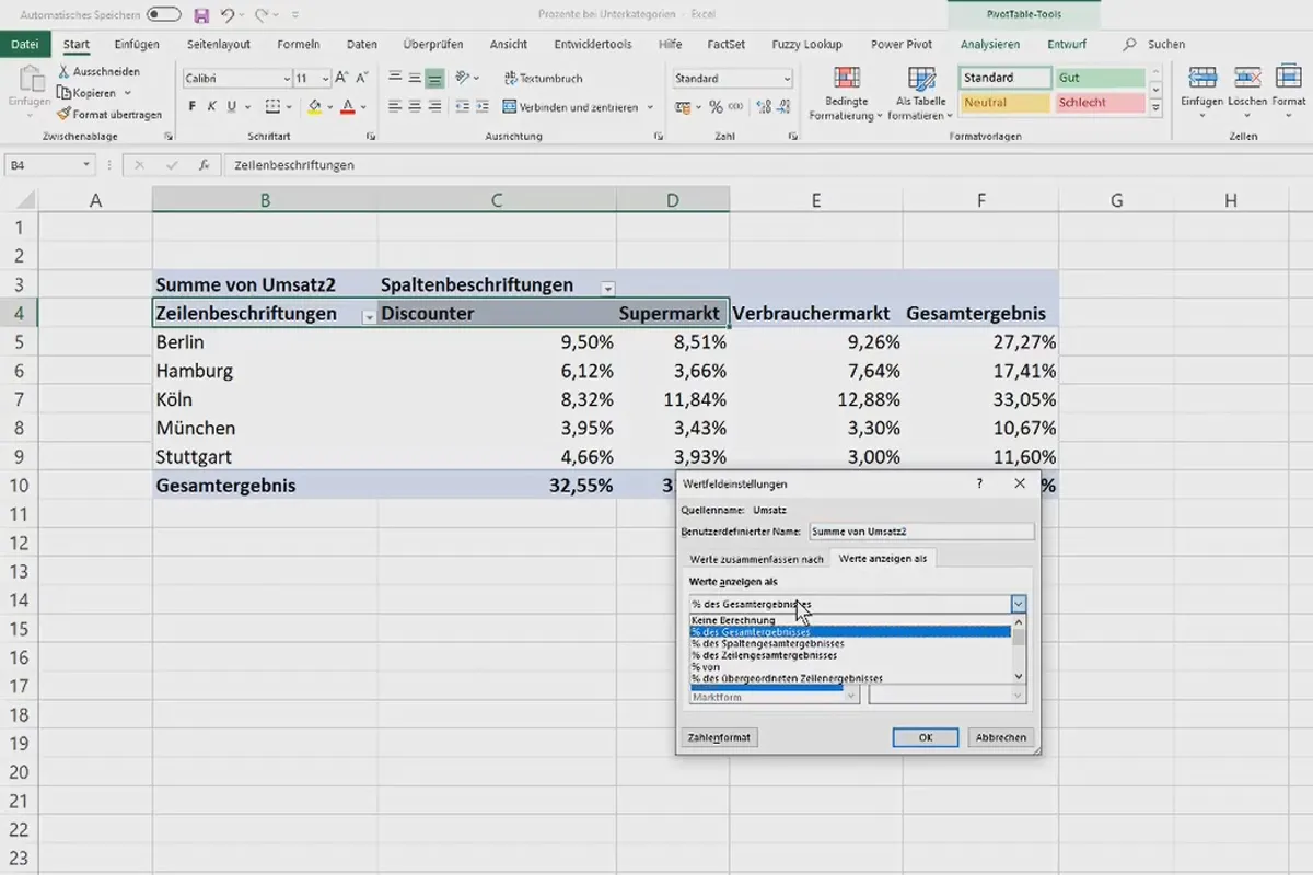 Pivot-Tabellen in Excel: 4.5 | Prozente bei Unterkategorien