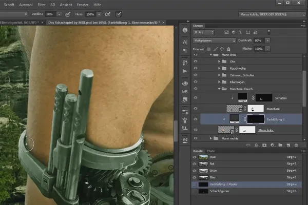 Photoshop-Composing - Das Schachspiel - Teil 15: Maschine am Ellenbogen platzieren und Maschinenteile durch Schatten verfeinern