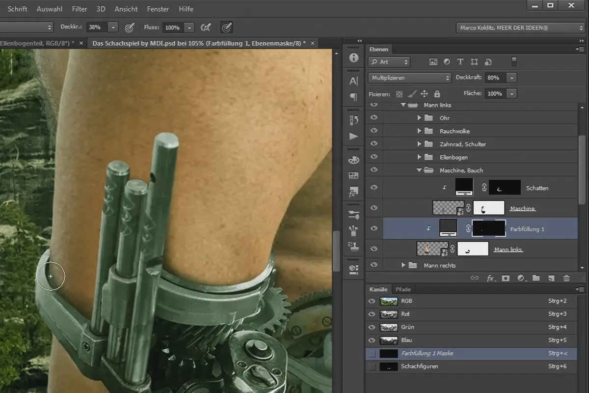 Photoshop-Composing - Das Schachspiel - Teil 15: Maschine am Ellenbogen platzieren und Maschinenteile durch Schatten verfeinern