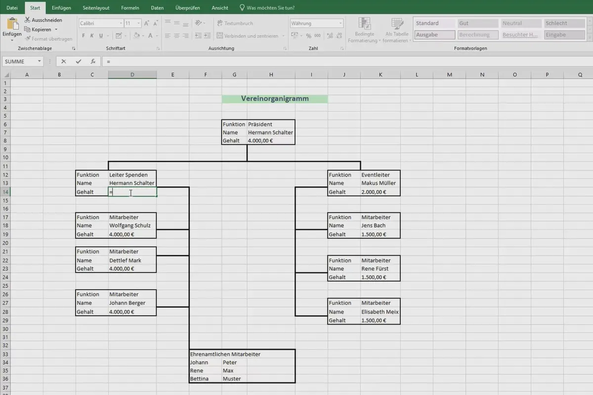 Excel-træning for mere effektivitet på kontoret: Kalender, organisationsdiagram & Co - 4.4 Oprettelse af intelligent organisationsdiagram uden SmartArt.