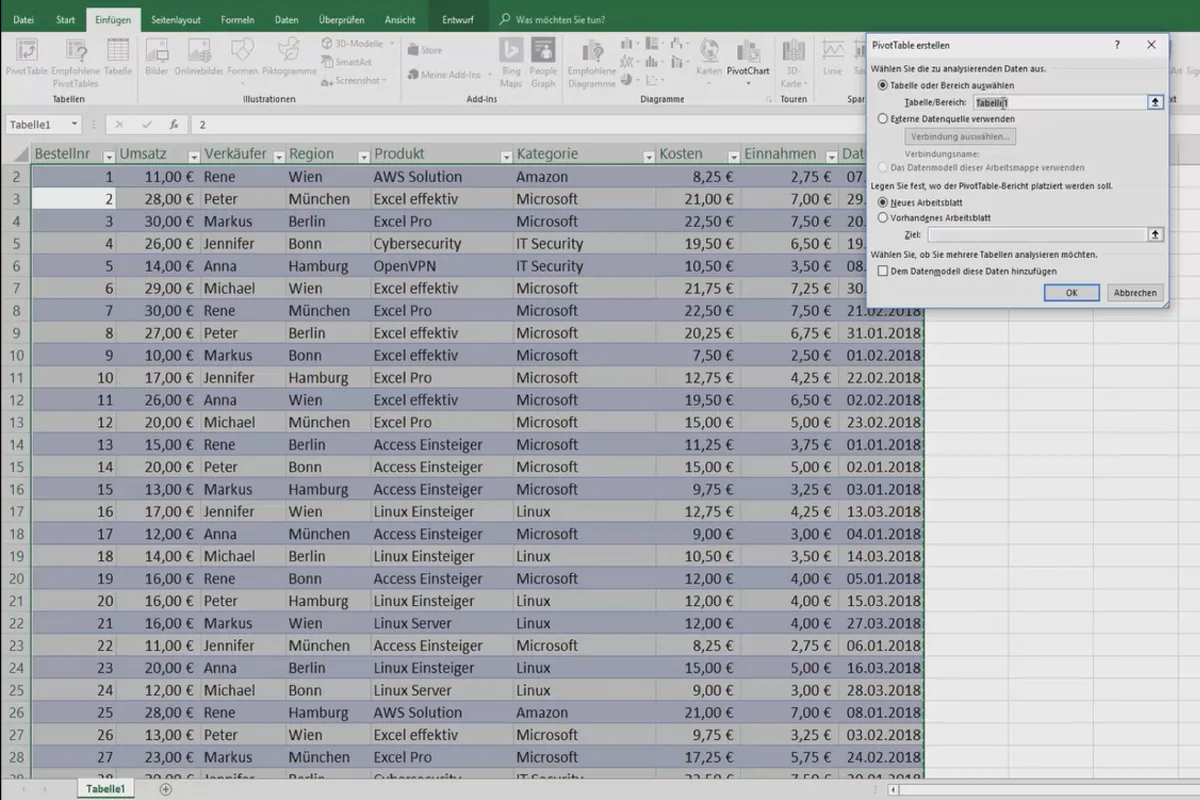 Excel-Tutorial: Pivot, Diagramme und Tabellen-Design zur anschaulichen Daten-Präsentation – 4.1 Pivot: Grundlagen