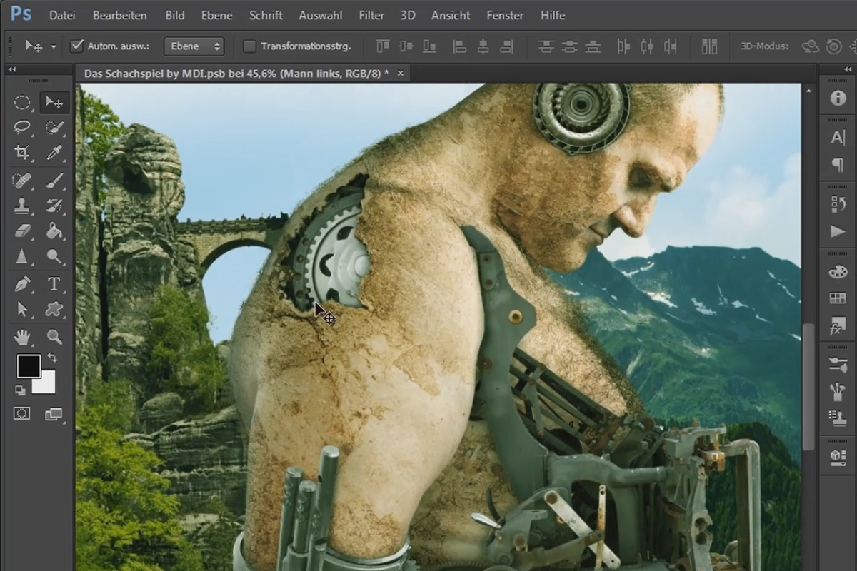 Photoshop-kollaasi - Shakkipeli - Osa 16: Levitä tekstuuria ihon pinnalle ja istuta lisää puita.