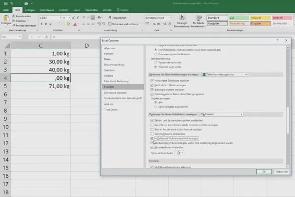 Formation Excel pour le contrôle et la vente : liste des assortiments, unités, monnaie, etc. - 4.7 Afficher ou masquer les valeurs nulles