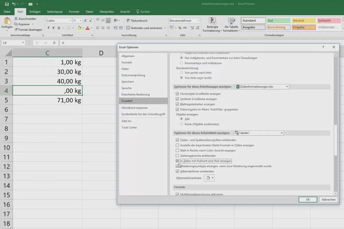 Excel-Kurs für Controlling und Vertrieb: Sortimentsliste, Einheiten, Währung & Co – 4.7 Anzeigen oder Ausblenden von Nullwerten