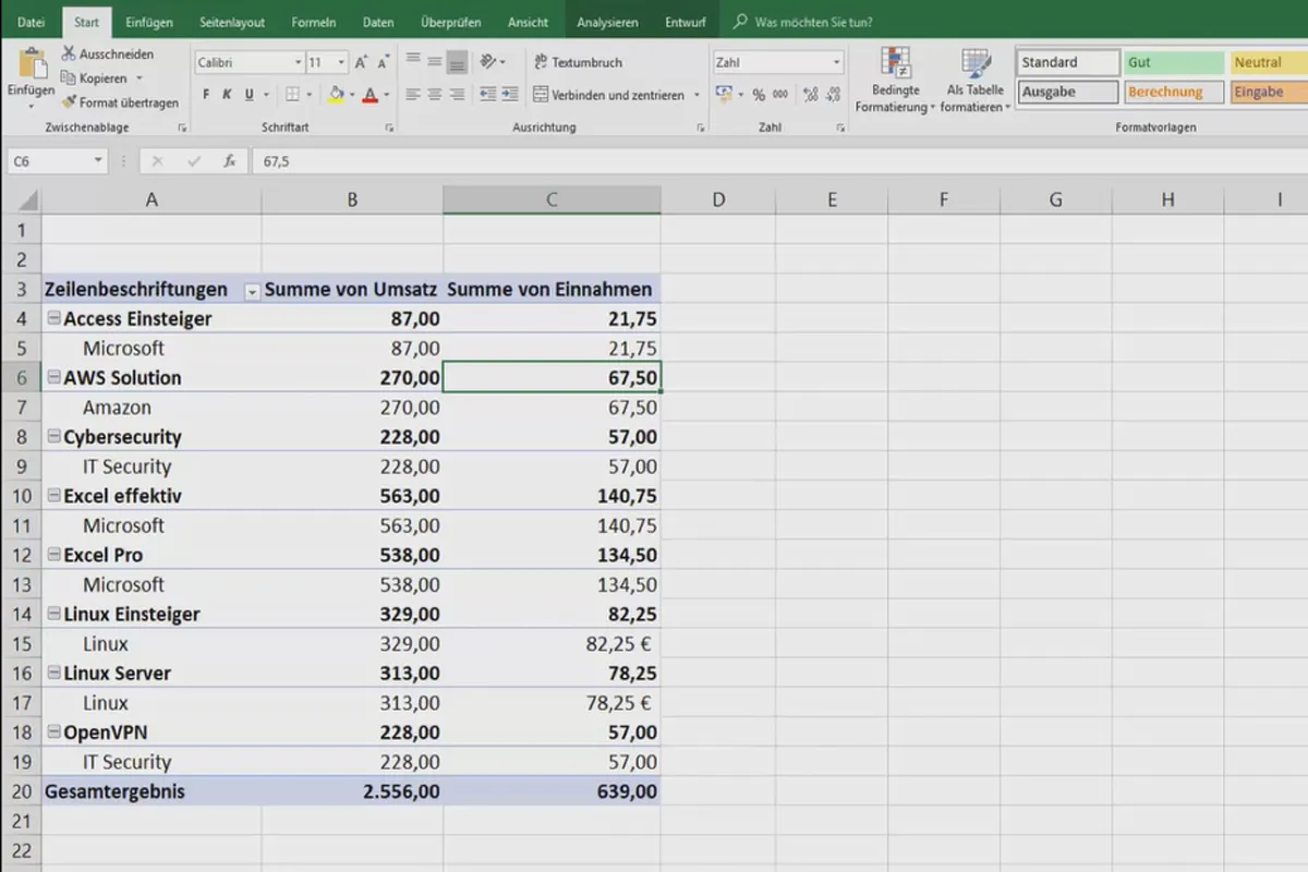 Excel-Tutorial: Pivot, Diagramme und Tabellen-Design zur anschaulichen Daten-Präsentation – 4.2 Pivot: Berechnungen/Feldeinstellungen