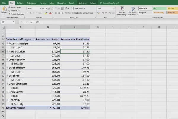 Excel-Tutorial: Pivot, Diagramme und Tabellen-Design zur anschaulichen Daten-Präsentation – 4.2 Pivot: Berechnungen/Feldeinstellungen