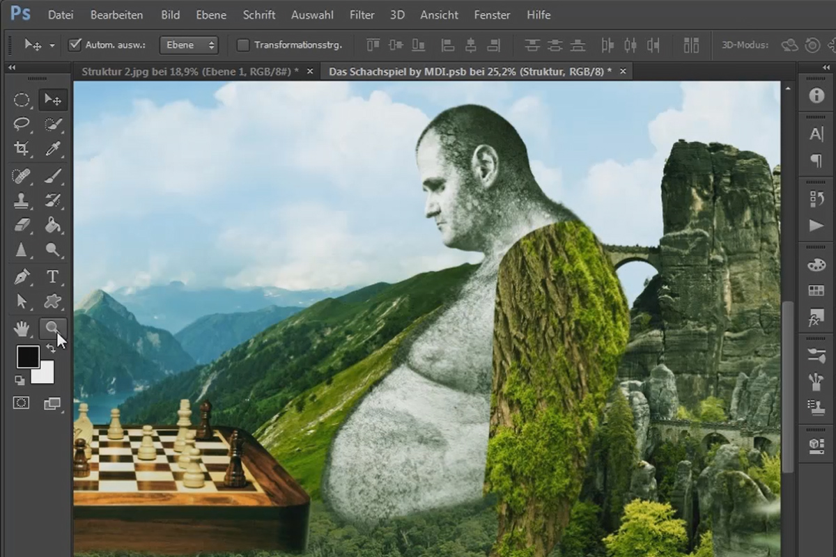 Photoshop-kompositointi - Shakkipeli - Osa 17: Sijoita ja mukauta tekstuurit oikeaan jättiläiseen.