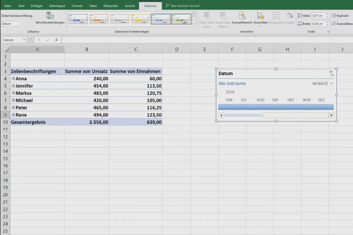 Excel-Tutorial: Pivot, Diagramme und Tabellen-Design zur anschaulichen Daten-Präsentation – 4.3 Pivot: Zeitachsen und Datenschnitt