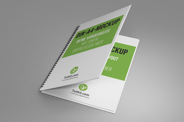 Mockup for hardcover brochure in portrait format with spiral binding: cover and inside, horizontal
