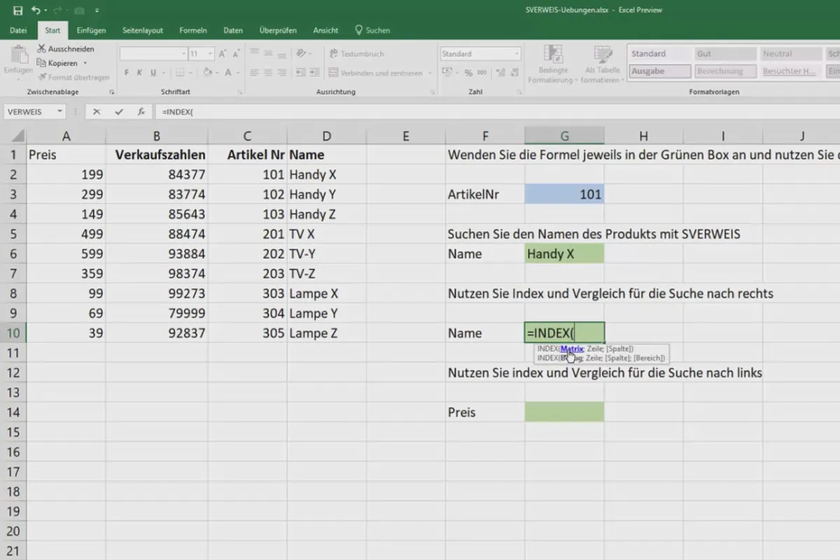 Excel-Kurs für Controlling und Vertrieb: Sortimentsliste, Einheiten, Währung & Co – 4.10 SVERWEIS oder INDEX/VERGLEICH