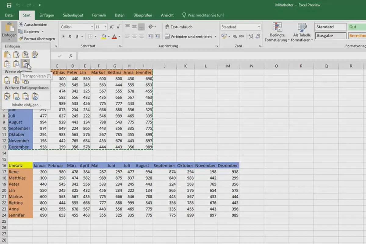 Excel-træning for mere effektivitet på kontoret: Kalender, organisationsdiagram og Co - 4.8 Udskifte kolonner og rækker i en tabel med transponeringsfunktionen