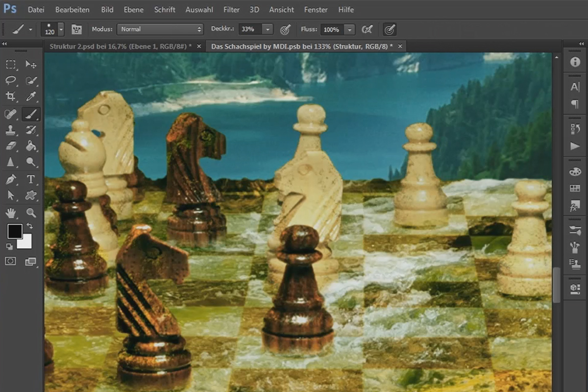 Photoshop-yhdistelmä - Shakkipeli - Osa 20: Muokkaa shakkilautojen figuureja sametilla ja lialla.