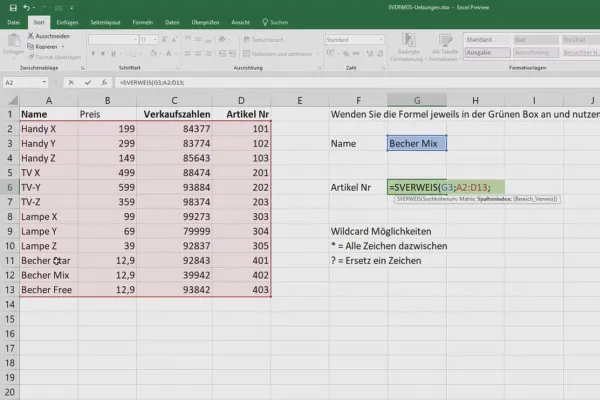 Cours Excel pour le contrôle et les ventes : liste des gammes, unités, devise & Co - 4.11 Etendre la fonction de recherche de SVERWEIS.
