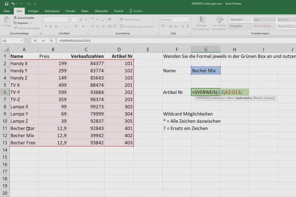 Excel-Kurs für Controlling und Vertrieb: Sortimentsliste, Einheiten, Währung & Co – 4.11 Suchfunktion von SVERWEIS erweitern