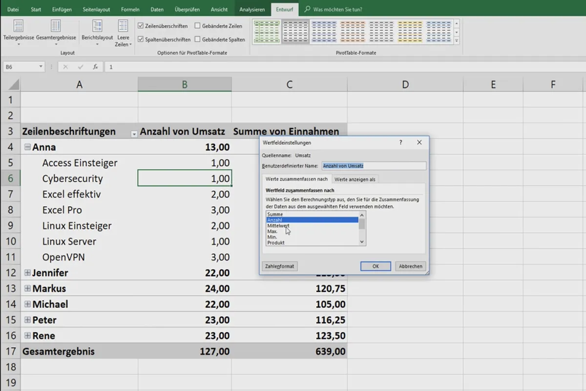 Excel-Tutorial: Pivot, Diagramme und Tabellen-Design zur anschaulichen Daten-Präsentation – 4.6 Pivot: Layout
