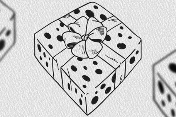 Motivo navideño en blanco y negro: paquete de regalo desde arriba en diagonal