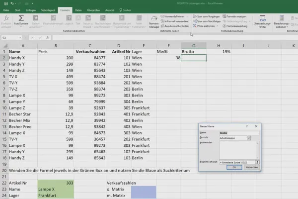 Excel-Kurs für Controlling und Vertrieb: Sortimentsliste, Einheiten, Währung & Co – 5.1 Namen für Formeln definieren
