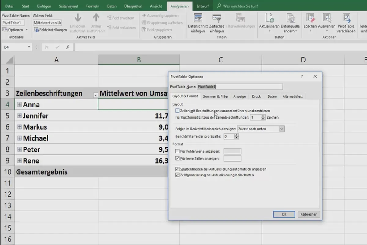 Excel-Tutorial: Pivot, Diagramme und Tabellen-Design zur anschaulichen Daten-Präsentation – 4.7 Pivot: Optionen