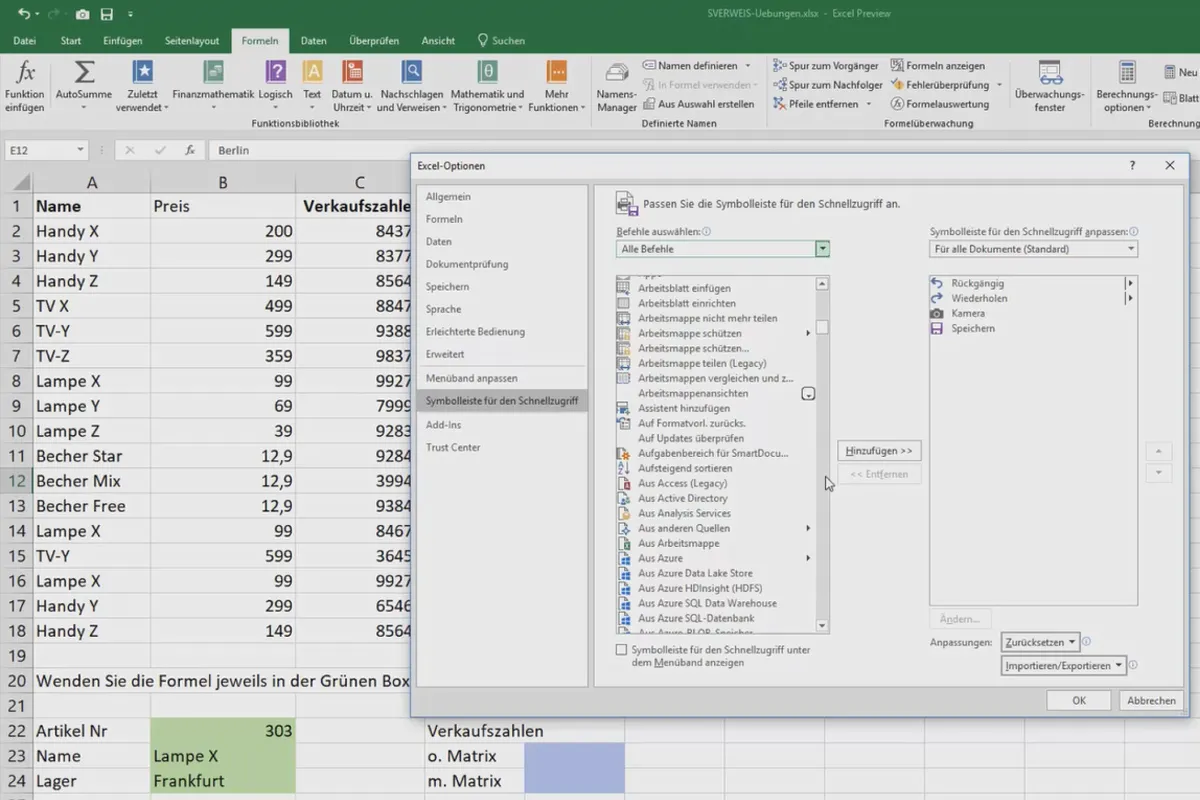 Excel-Kurs für Controlling und Vertrieb: Sortimentsliste, Einheiten, Währung & Co – 5.2 Neues Schnellwerkzeug hinzufügen