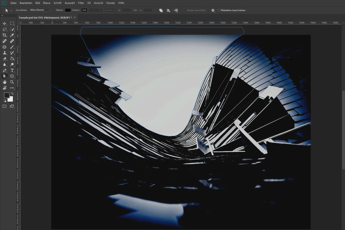 Photoshop'ta şehir manzaralı görsel montajı: "Büyük Şehir" sanat eseri için 2 cephenin hazırlanması.