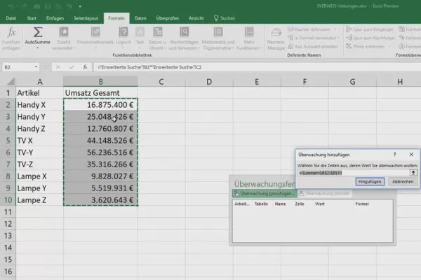 Formation Excel pour le contrôle et la vente : liste des gammes, unités, devise et Cie - 5.3 Fenêtre de surveillance