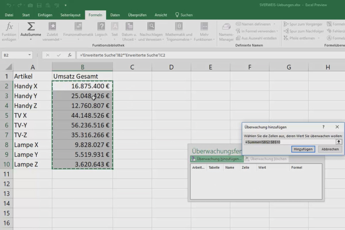 Excel-Kurs für Controlling und Vertrieb: Sortimentsliste, Einheiten, Währung & Co – 5.3 Überwachungsfenster