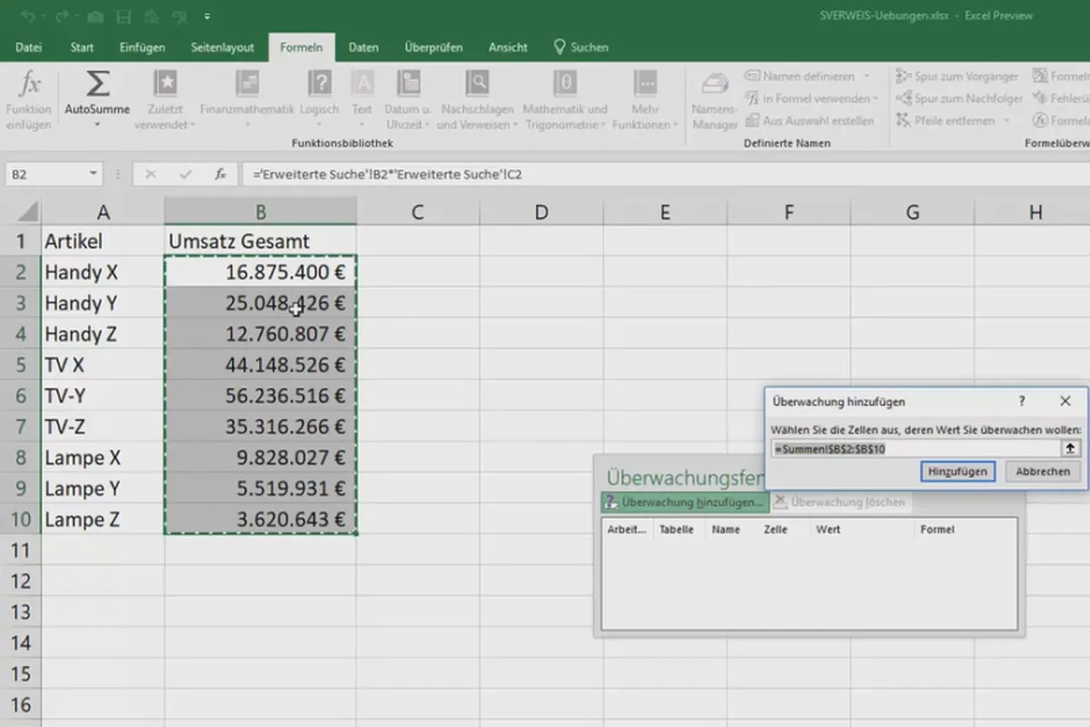 Excel-Kurs für Controlling und Vertrieb: Sortimentsliste, Einheiten, Währung & Co – 5.3 Überwachungsfenster