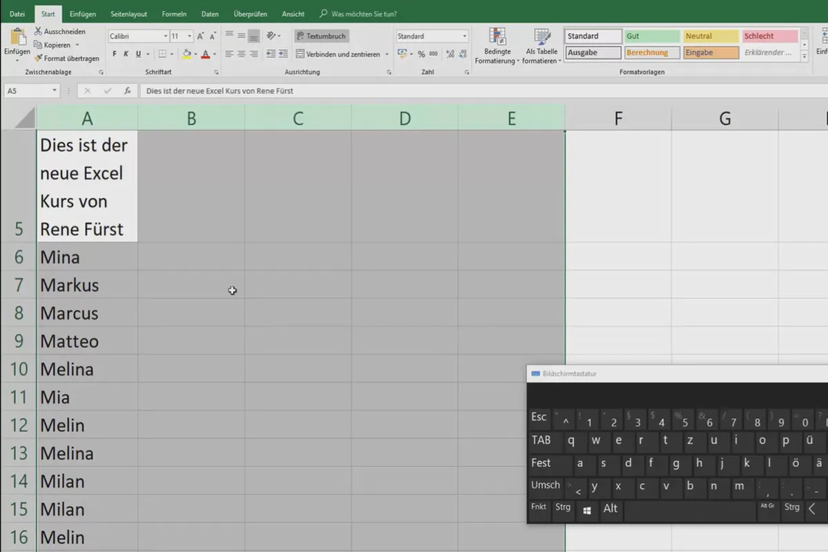 Excel-Tutorial: Pivot, Diagramme und Tabellen-Design zur anschaulichen Daten-Präsentation – 5.2 Neue Text-Linien innerhalb einer Zelle