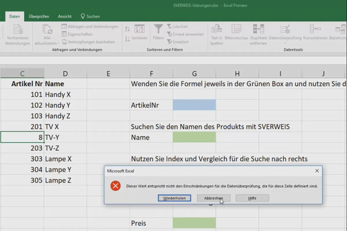 Excel-Kurs für Controlling und Vertrieb: Sortimentsliste, Einheiten, Währung & Co – 5.4 Zellen vor dem Überschreiben schützen