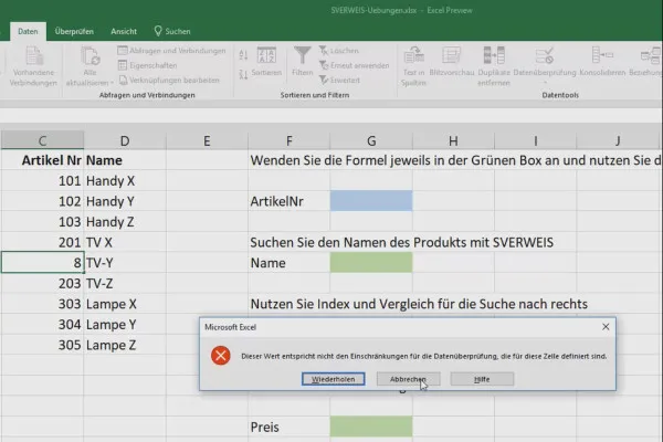 Excel-Kurs für Controlling und Vertrieb: Sortimentsliste, Einheiten, Währung & Co – 5.4 Zellen vor dem Überschreiben schützen